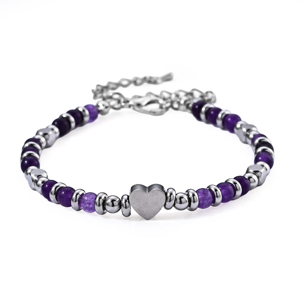African Amethyst 25.00 ctw Beaded Stretch Bracelet (7.5-10.5In) in Stainless Steel