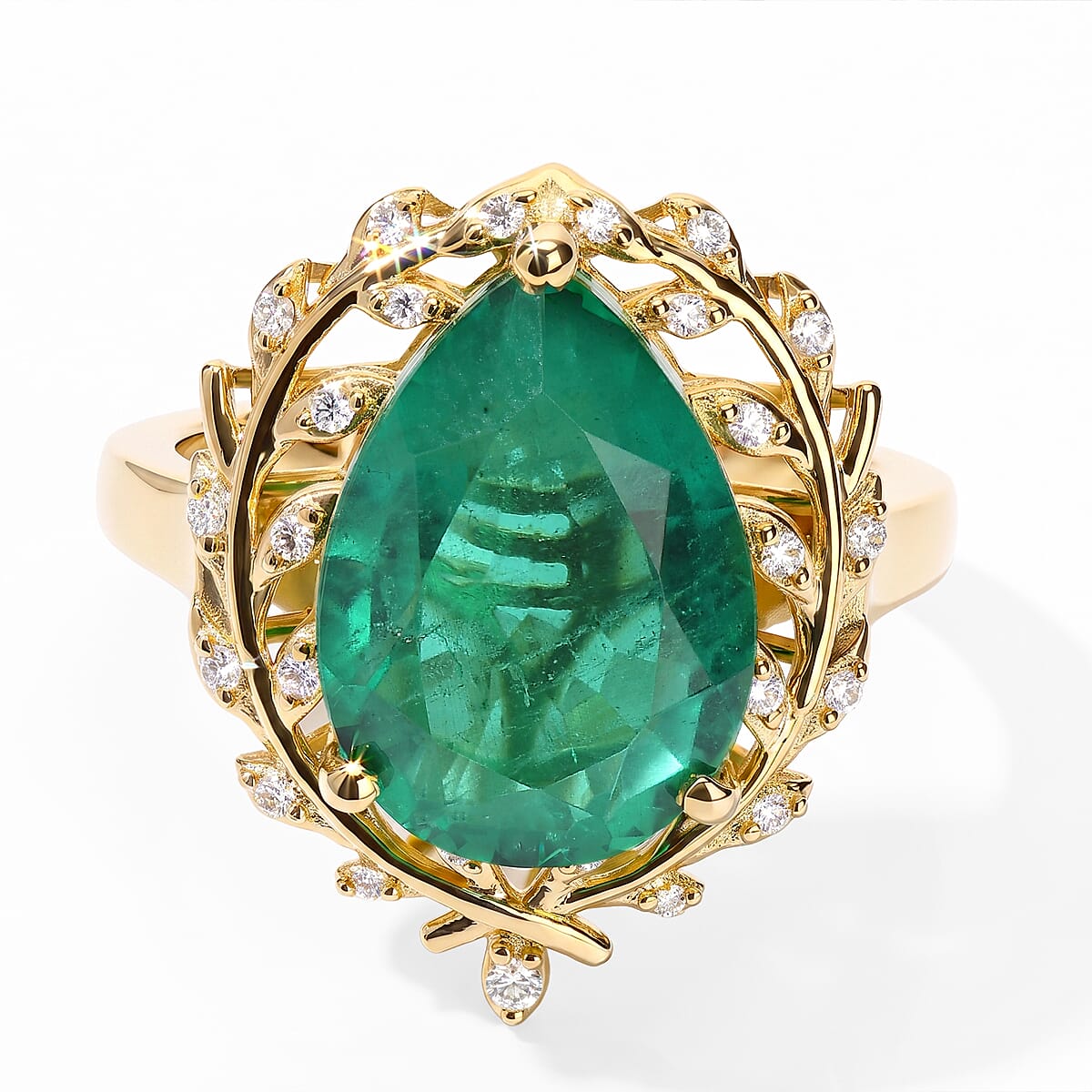 EverTrue Emeraldine Triplet Quartz, White Zircon Ring in 18K YG Plated (Size 10.0) 4.60 ctw