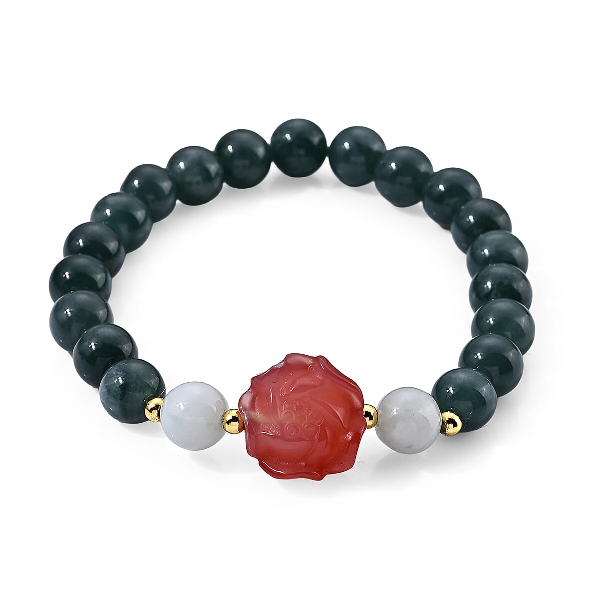 Natural Olmec Jadeite, Natural Jade and Red Agate Beaded Stretch Bracelet in Silvertone (6.25-6.75In) 103.50 ctw