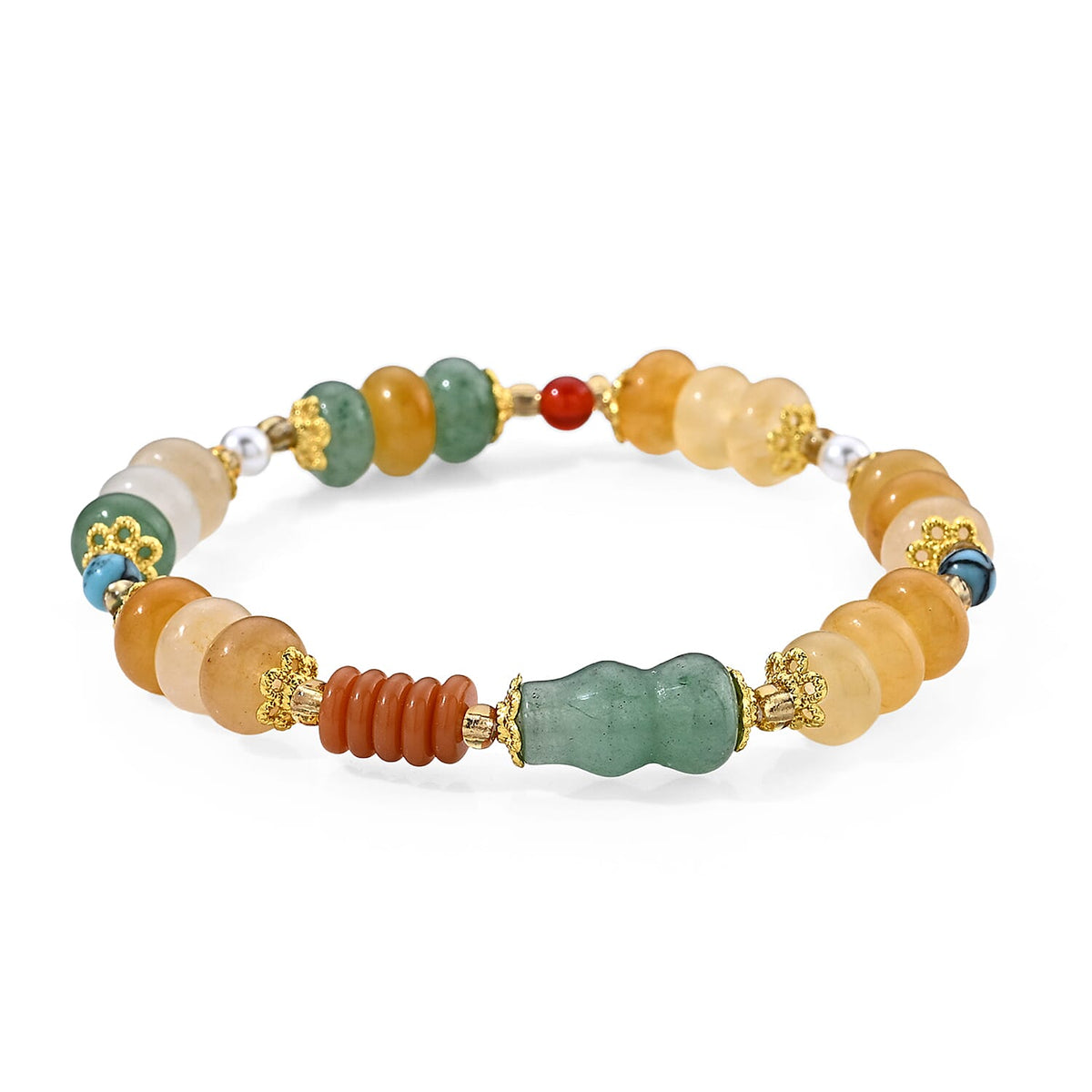Green Aventurine and Script Stone 55.00 ctw Beaded Stretch Bracelet in Goldtone