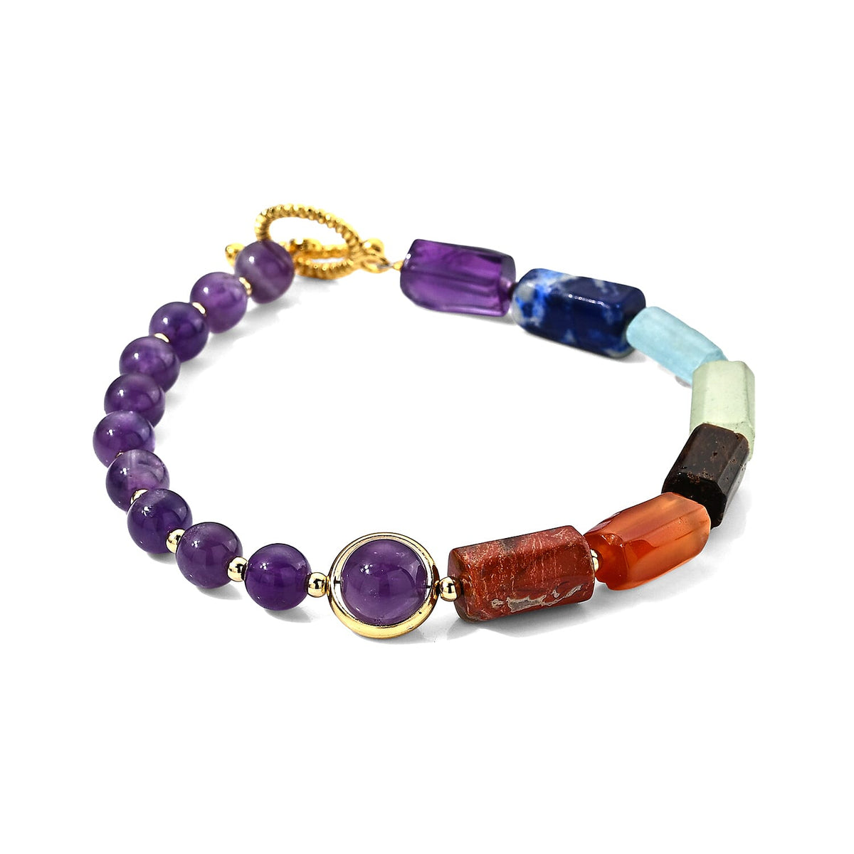 Yellow Tigers Eye and Multi Gemstone 45.00 ctw Beaded Bracelet (Adjustable) in Goldtone