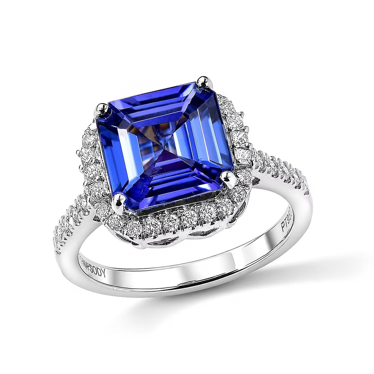Certified and Appraised Rhapsody 950 Platinum AAAA Asscher Cut Tanzanite, Diamond (E-F VS) (0.49cts) Ring (Size 10.0) (5.50 g) 4.22 ctw