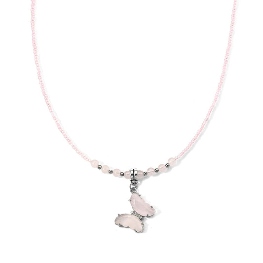 Rose Quartz, Simulated Diamond and Glass 15.00 ctw Beaded Necklace in Stainless Steel 19-20.5 Inches