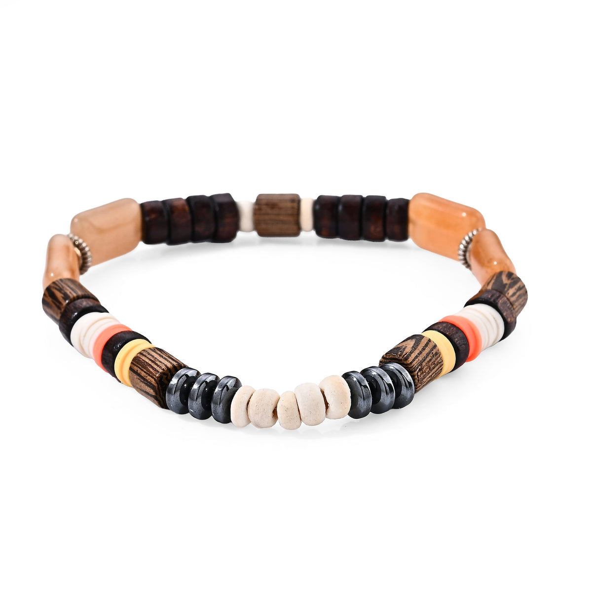 Hematite, Jasper and Coconut Shell 14.00 ctw Beaded Stretch Bracelet (6.5-7In) in Silvertone