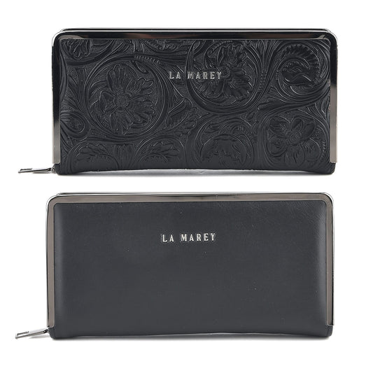 La Marey Set of 2 Black Embossed and Solid Faux Leather RFID Wallet