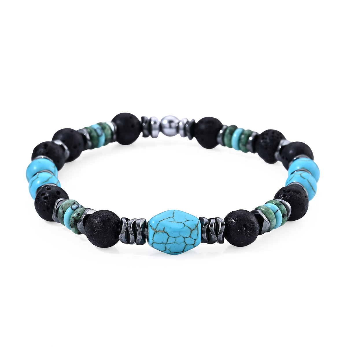 Hematite, Lava and Turquoise 45.00 ctw Beaded Stretch Bracelet (7-7.5In) in Silvertone