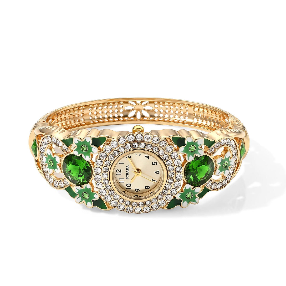 Strada Red Glass, Red Austrian Crystal Multi Color Enameled Floral Bangle Watch in Goldtone