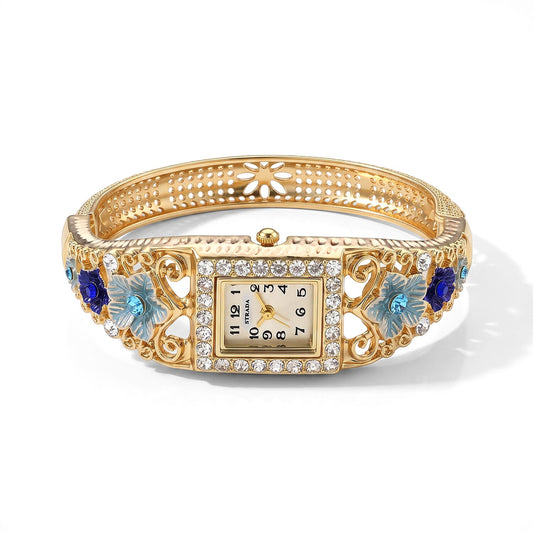 Strada Blue and White Austrian Crystal, Blue Floral Bangle Watch in Goldtone