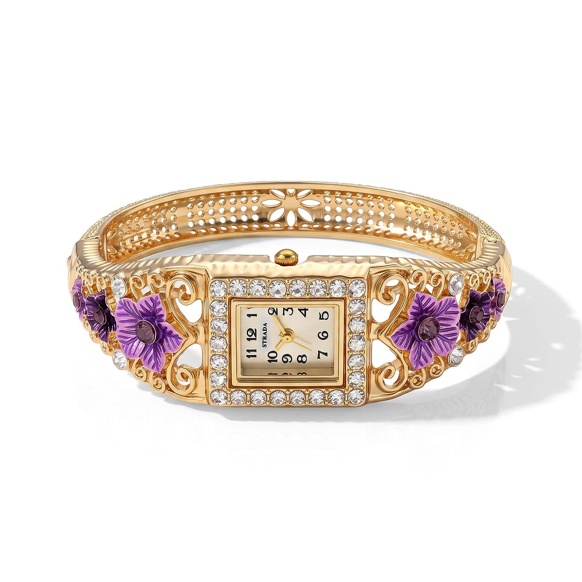 Strada Blue and White Austrian Crystal, Blue Floral Bangle Watch in Goldtone