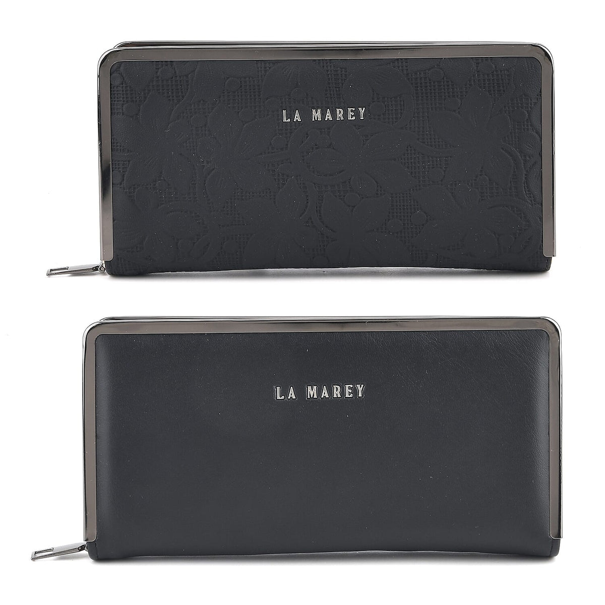 La Marey Set of 2 Black Flower Embossed and Solid Faux Leather RFID Wallet