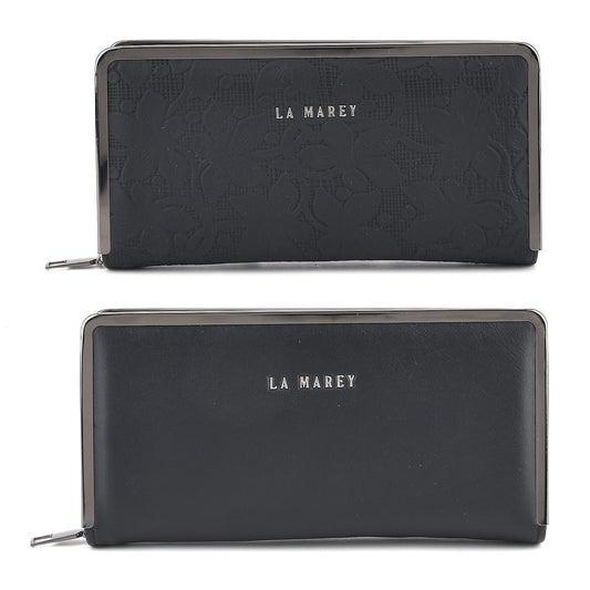 La Marey Set of 2 Black Flower Embossed and Solid Faux Leather RFID Wallet