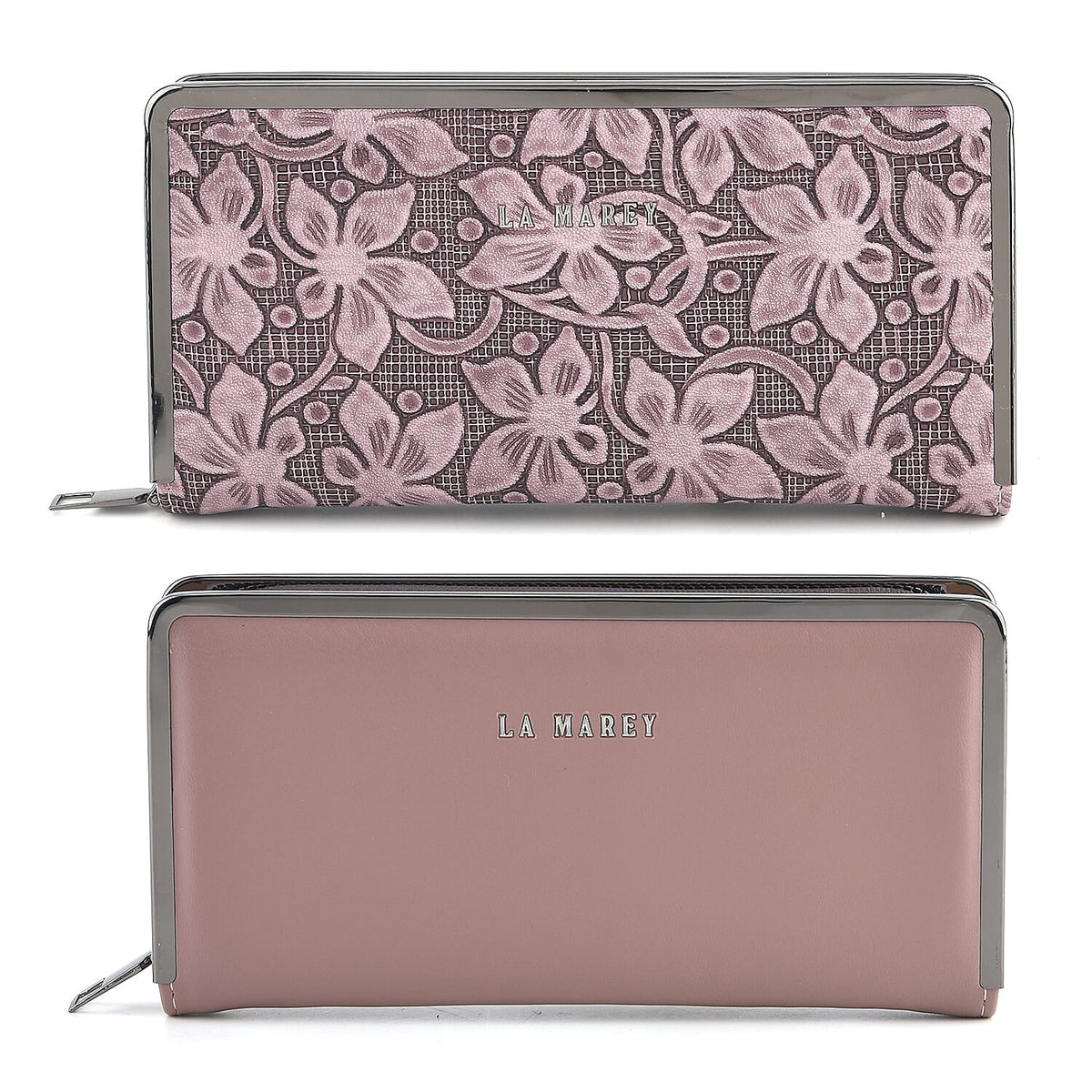 La Marey Set of 2 Black Flower Embossed and Solid Faux Leather RFID Wallet