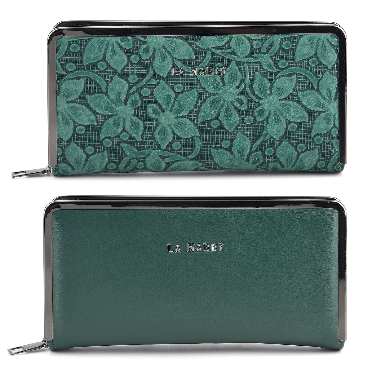 La Marey Set of 2 Black Flower Embossed and Solid Faux Leather RFID Wallet