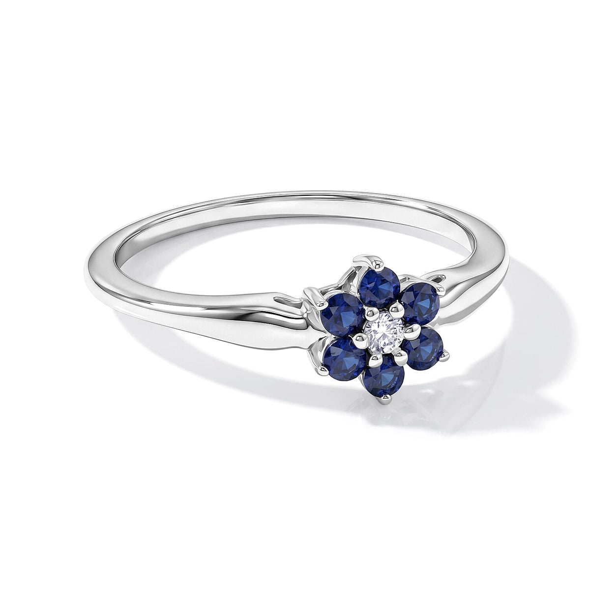 Simulated Blue and White Diamond Flower Ring in Sterling Silver (Size 8.0)