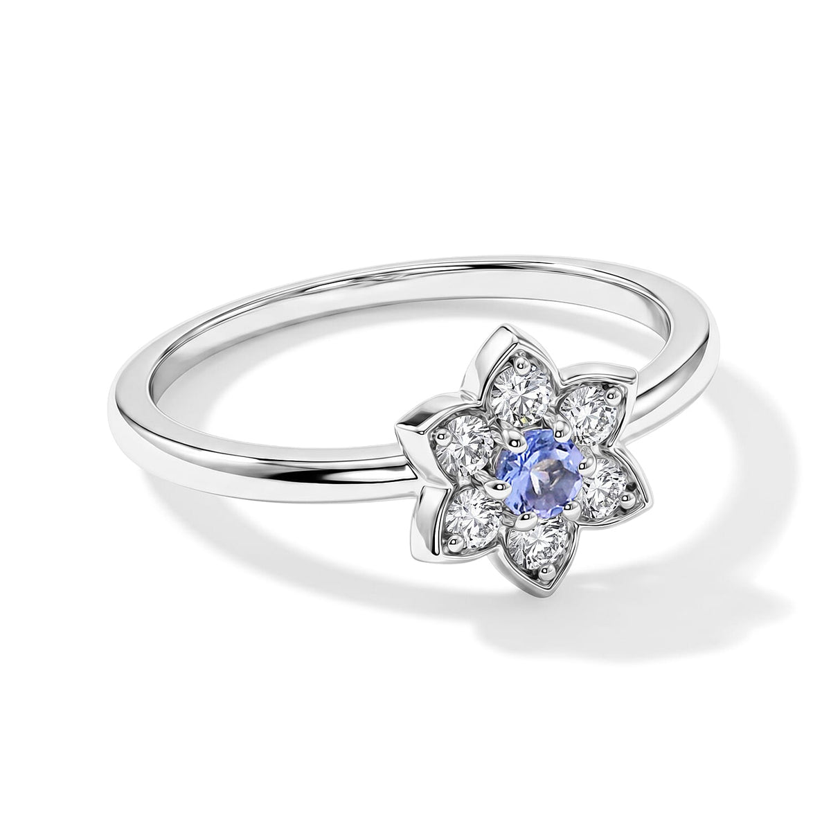Simulated Blue and White Diamond Flower Ring Sterling Silver (Size 8.0)