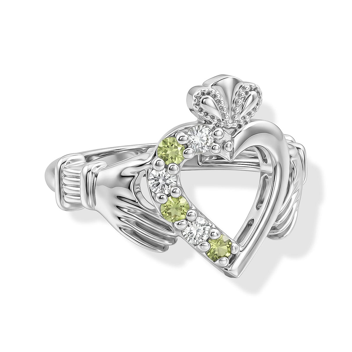 Simulated Green and White Diamond Claddaagh Ring Sterling Silver (Size 8.0)