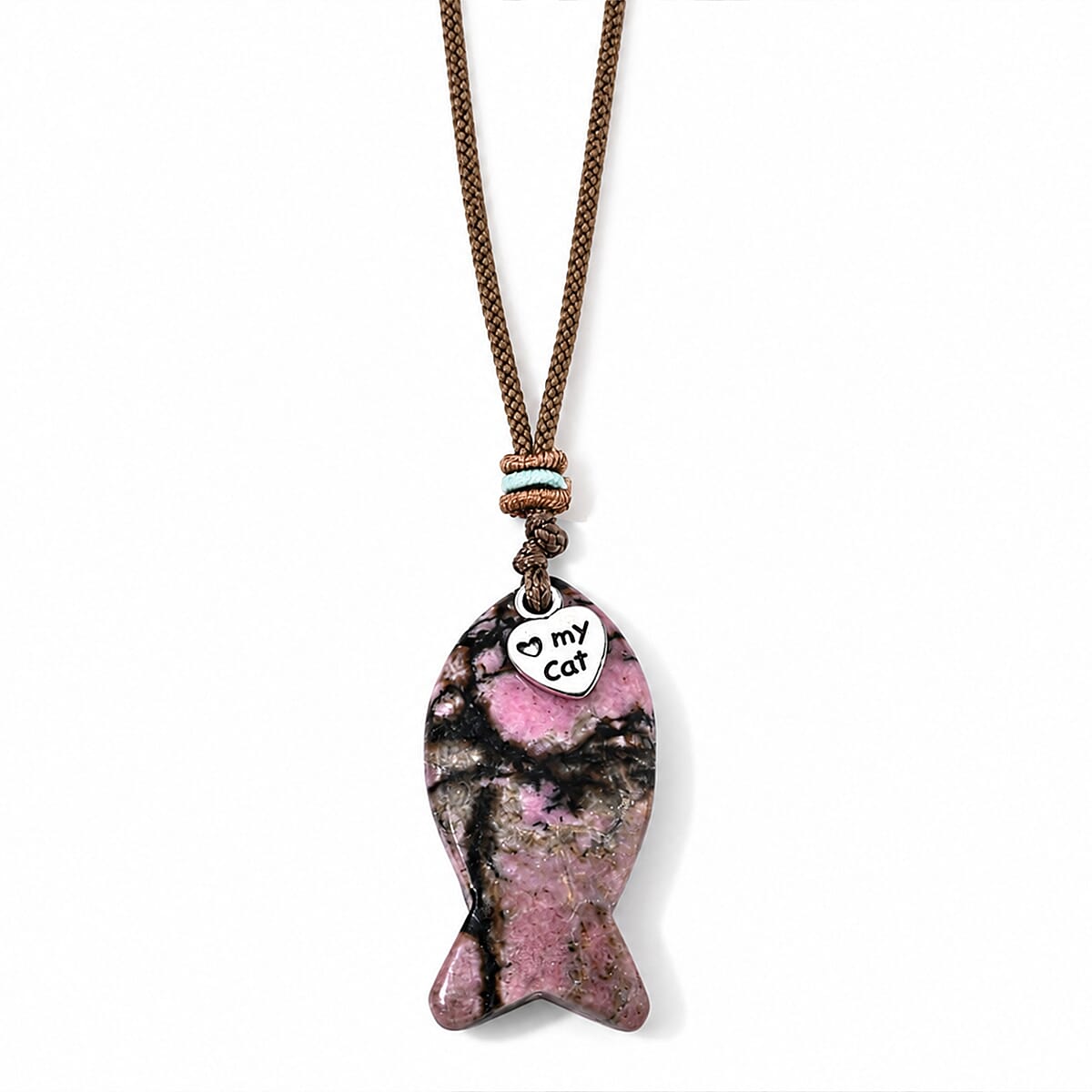 Rhodonite 45.00 ctw Fish Pendant in Silvertone with Cord Necklace 24 Inches