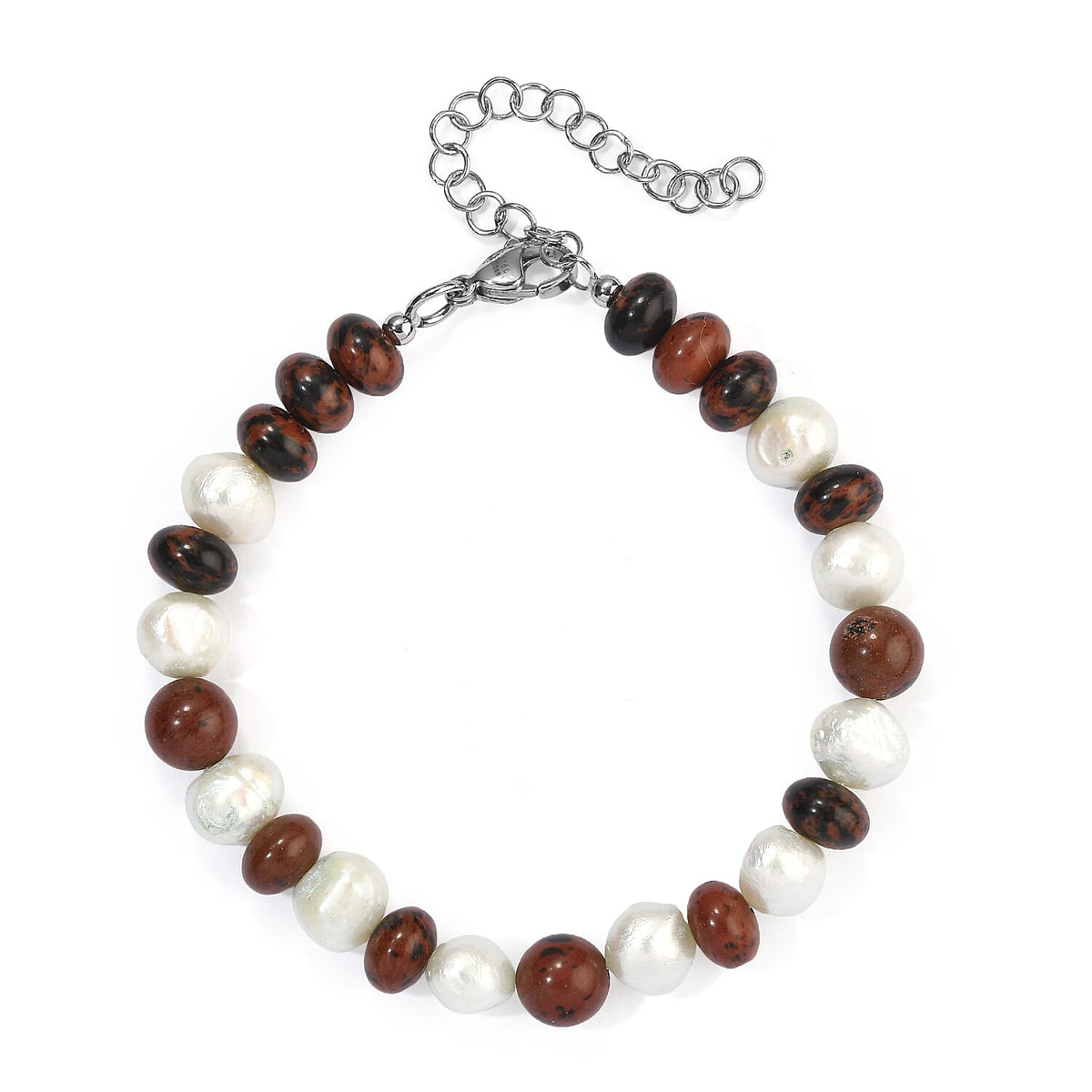 EverTrue Mahagooni Jasper 40.00 ctw and Freshwater Pearl Bracelet in Stainless Steel (7.25-9.25In)