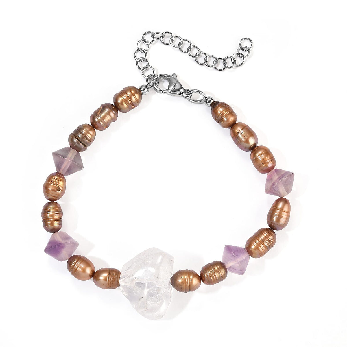 EverTrue Pearl (D) and Multi Gemstone 15.00 ctw Bracelet in Stainless Steel (7.25-9.25In)