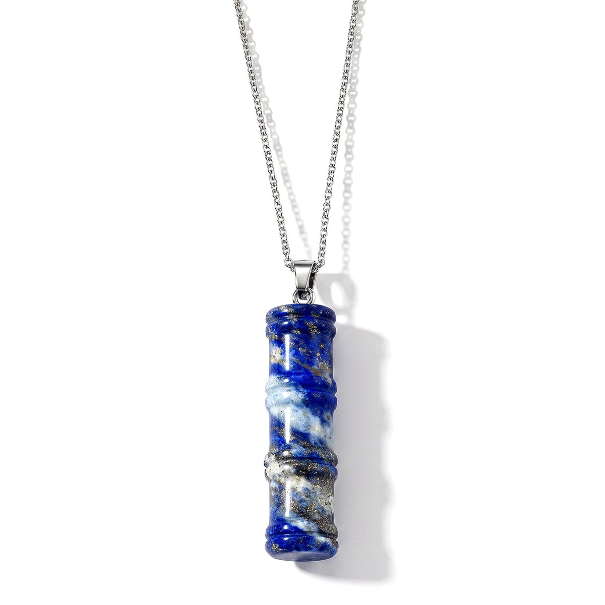 Lapis Lazuli 45.00 ctw Cylinder Pendant in Silvertone with Stainless Steel Necklace 20 Inches
