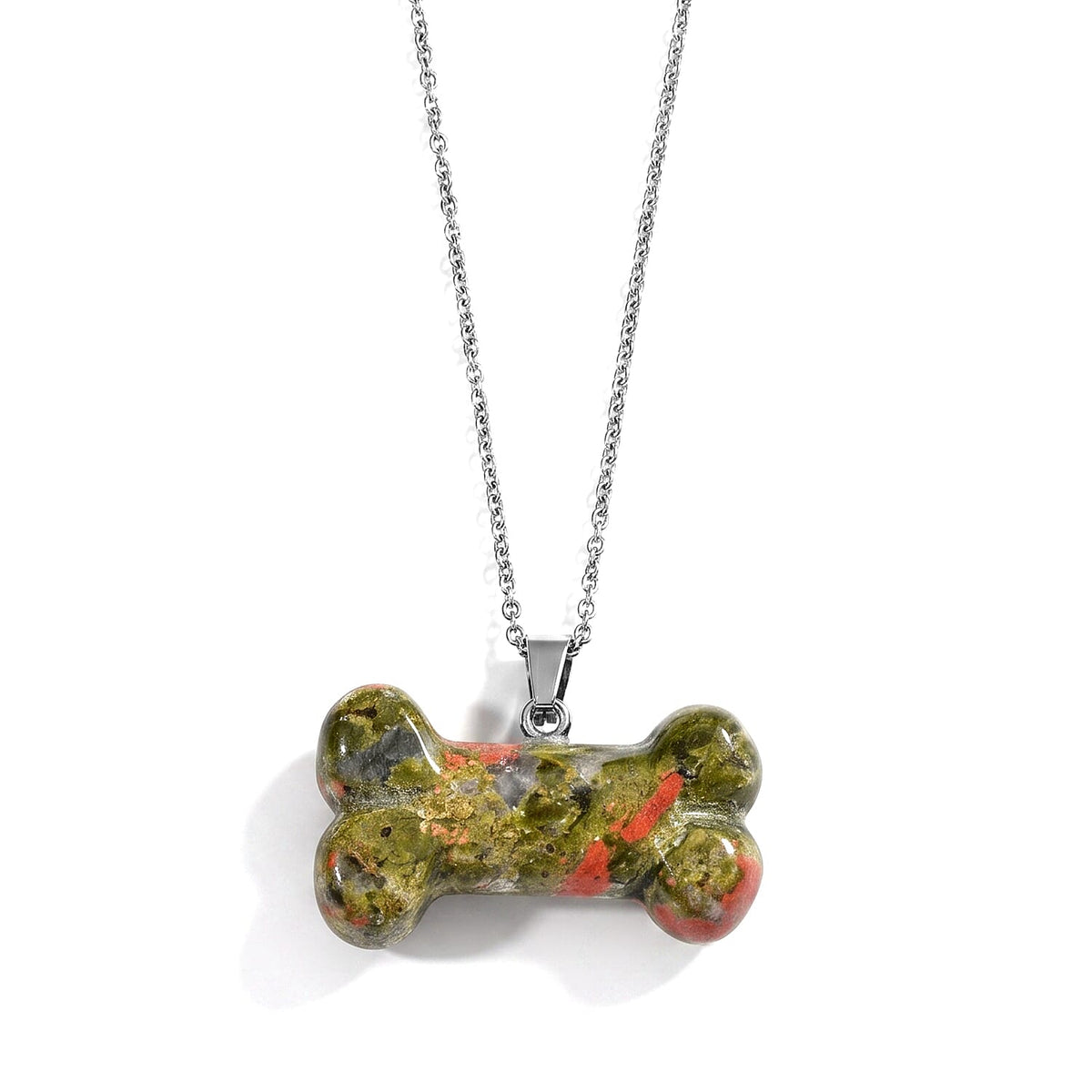 Dalmation Jasper 45.00 ctw Dog Bone Pendant in Silvertone with Stainless Steel Necklace 20 Inches
