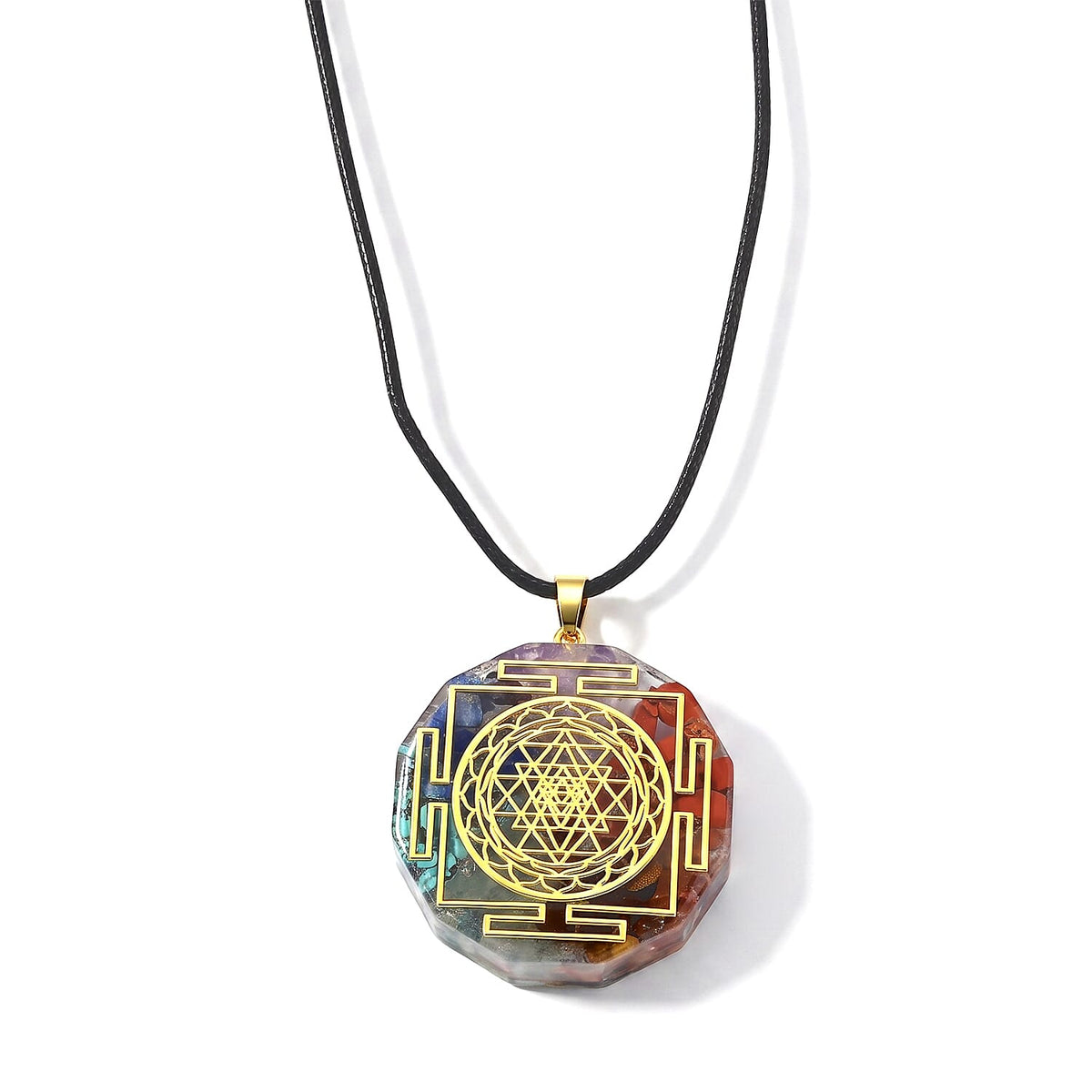 Turquoise, Red Jasper, Tigers Eye 24.00 ctw Sri Yantra Pendant in Goldtone with ION Plated YG Stainless Steel Necklace 20 Inches