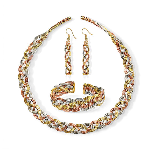Handcrafted Multi-Color Woven Hasli Necklace (16 Inches),Cuff Bracelet (7.50In) & Earrings in Silvertone and Goldtone