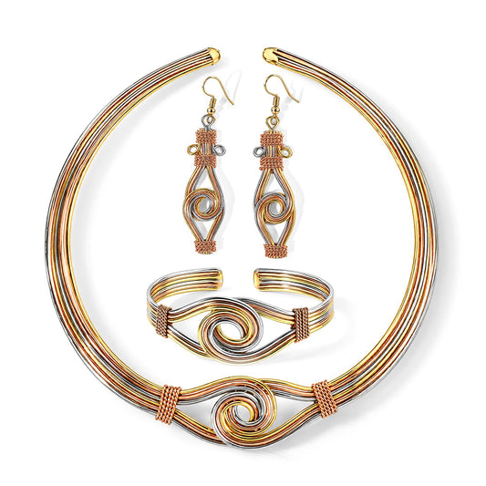 Handcrafted Woven Hasli Necklace (16 Inches),Cuff Bracelet (7.50In) & Earrings in Silvertone and Goldtone