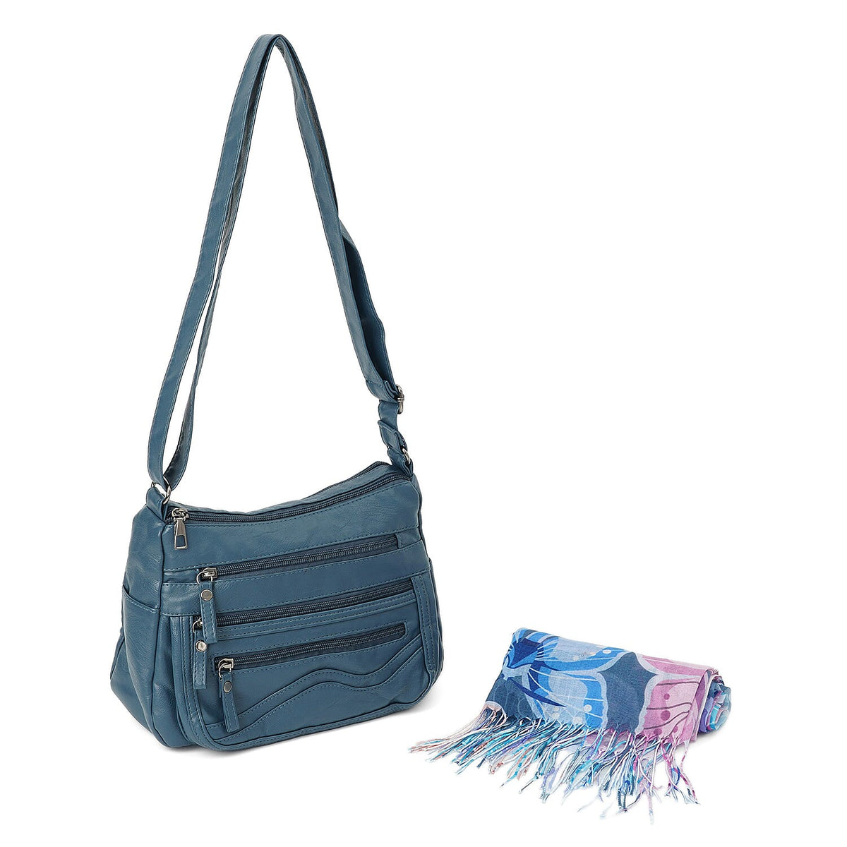 La Marey Black Faux Leather Crossbody Bag and Scarf Set