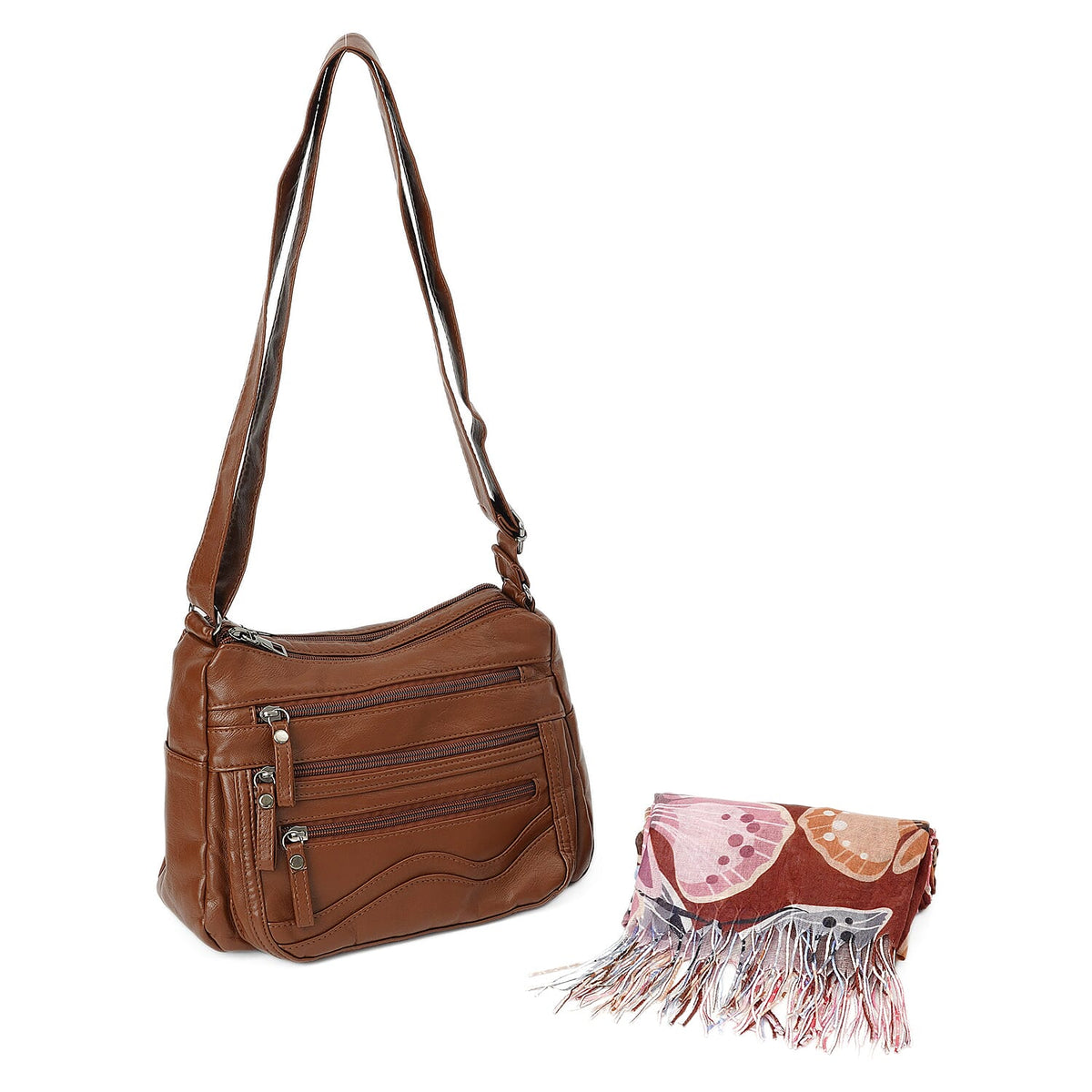 La Marey Black Faux Leather Crossbody Bag and Scarf Set