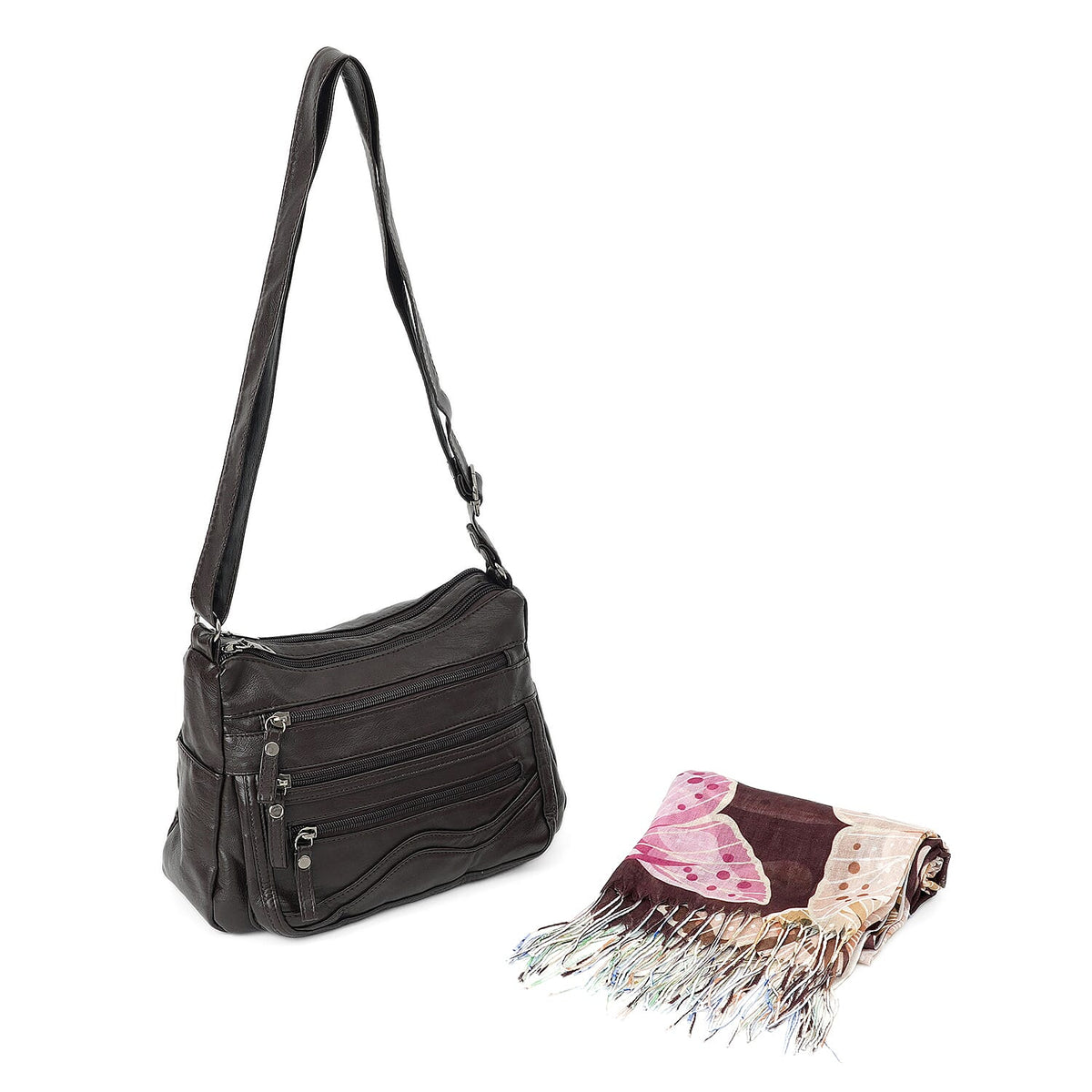 La Marey Black Faux Leather Crossbody Bag and Scarf Set