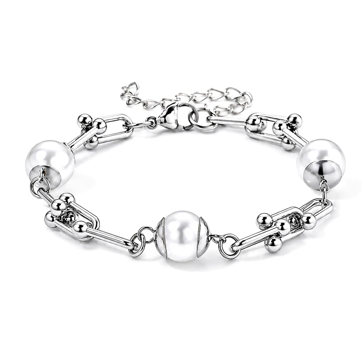 White Shell Pearl Bracelet in Stainless Steel (7.5-9.5In)