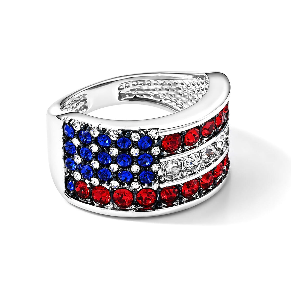 Multi Color Austrian Crystal Band Ring in Silvertone (Size 10.0)
