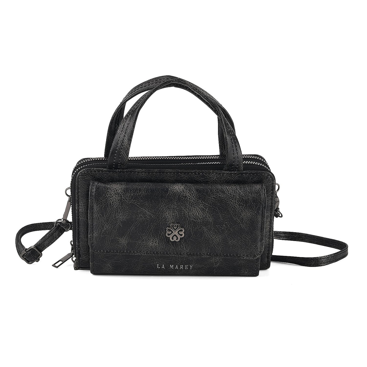La Marey Black Faux Leather Oilskin Double Zipper Phone Wallet with Shoulder Strap