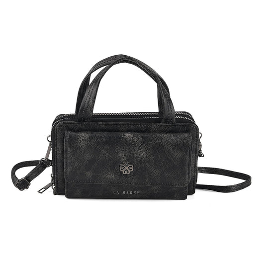 La Marey Black Faux Leather Oilskin Double Zipper Phone Wallet with Shoulder Strap
