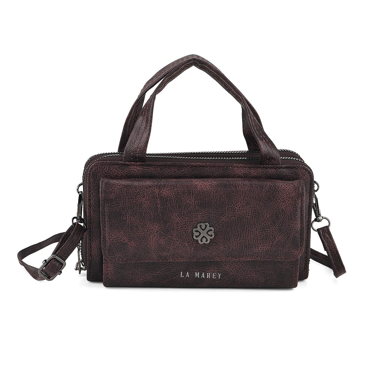 La Marey Black Faux Leather Oilskin Double Zipper Phone Wallet with Shoulder Strap