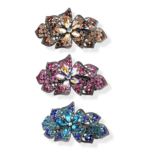 Set of 3 Champagne, Pink and Blue Flower Hair Pins with Rhinestone Decoration