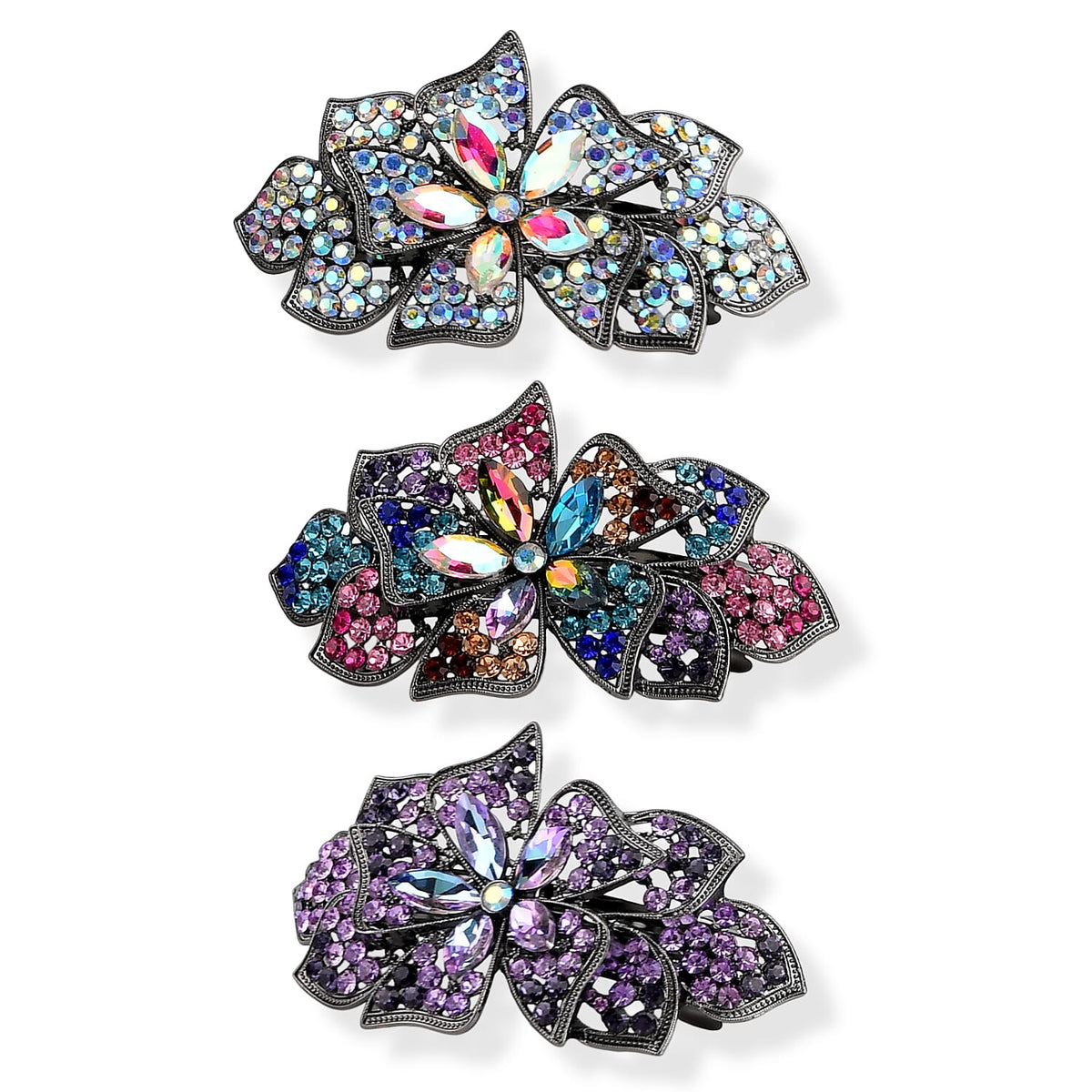 Set of 3 Champagne, Pink and Blue Flower Hair Pins with Rhinestone Decoration
