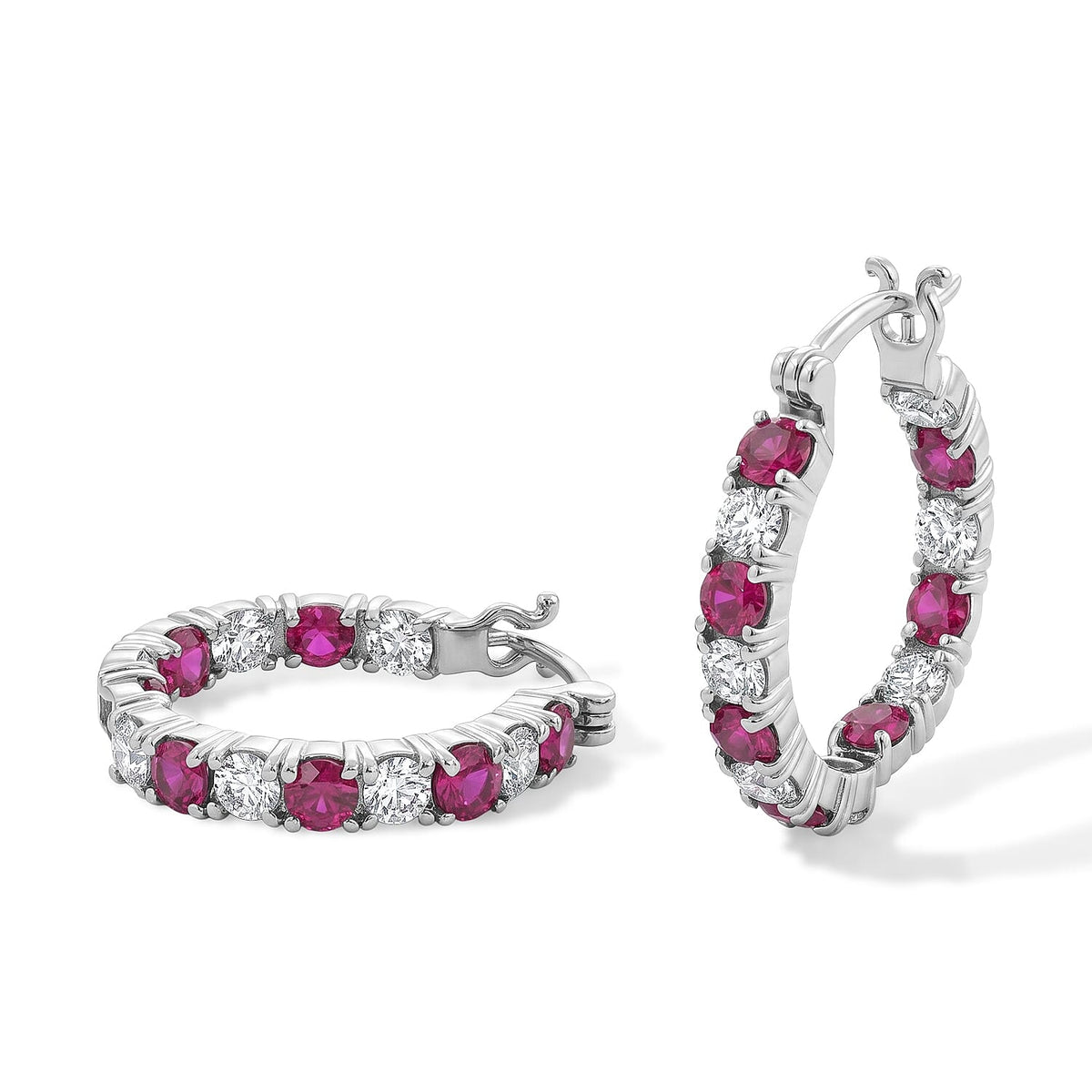 EverTrue Lab Grown Ruby and Moissanite 3.80 ctw Hoop Earrings in Platinum Bond