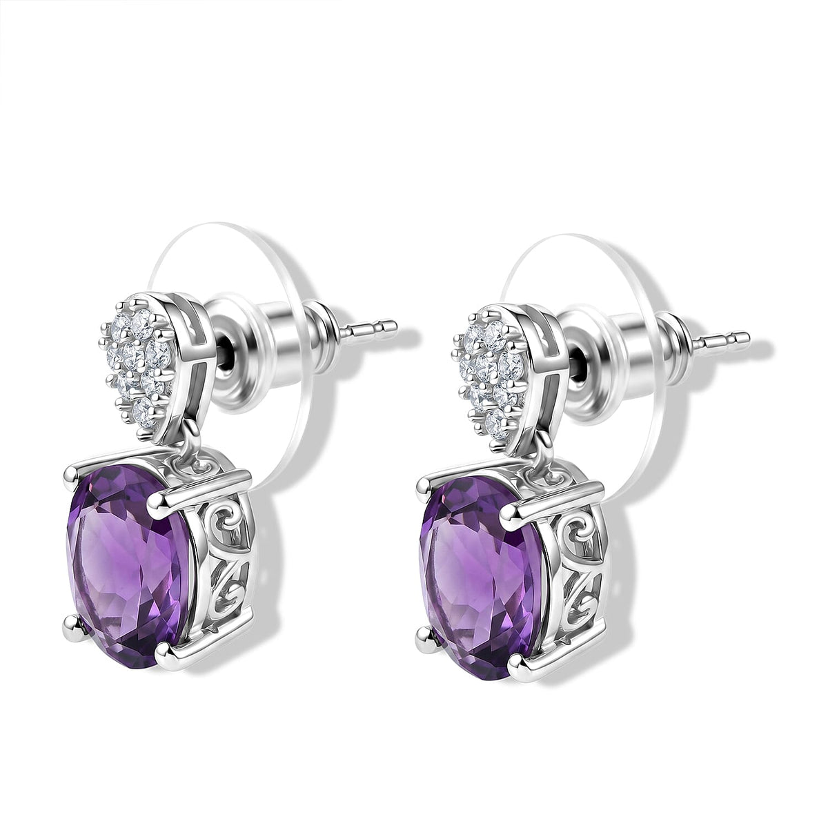 D''Joy Rose De Maroc Amethyst and White Zircon 4.00 ctw Dangling Earrings in Rhodium Over Sterling Silver