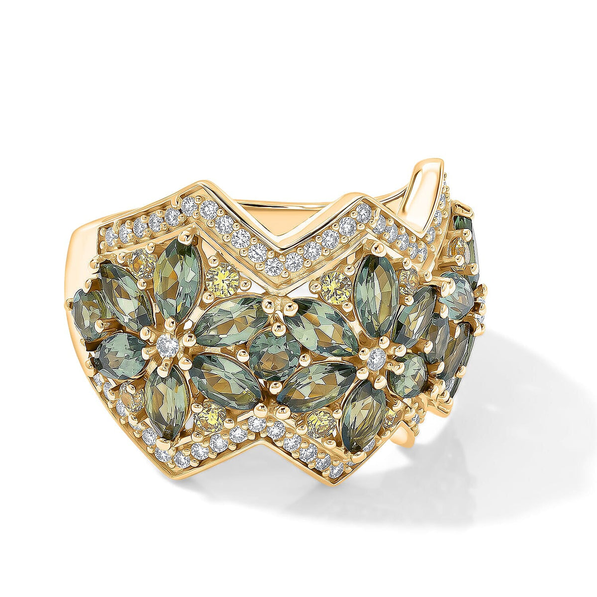 D''Joy Premium Natural Green Apatite, Multi Gemstone Floral Ring in 18K Vermeil YG Over Sterling Silver (Size 6.0) 4.10 ctw