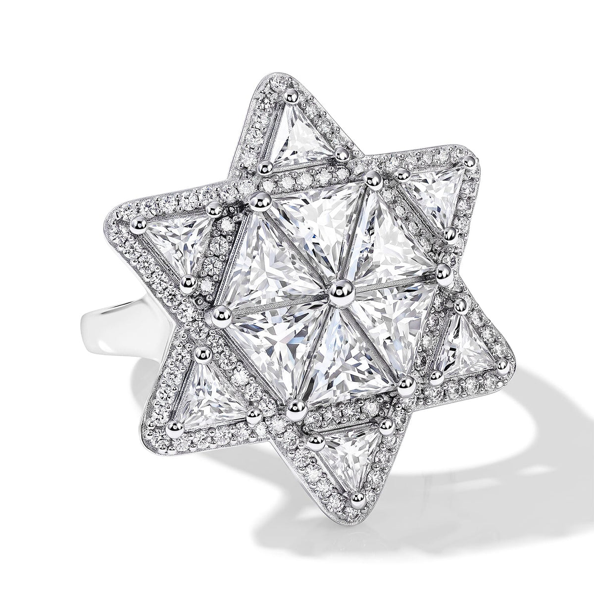 D'Joy Moissanite (Triangle 6mm) Star of Light Ring in Rhodium Over Sterling Silver (Size 10.0) 6.20 ctw
