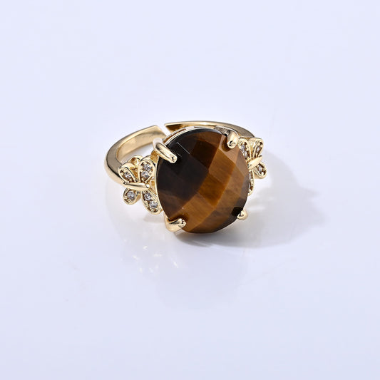 Yellow Tigers Eye and Simulated Diamond 13.01 ctw Ring in Goldtone (Adjustable)
