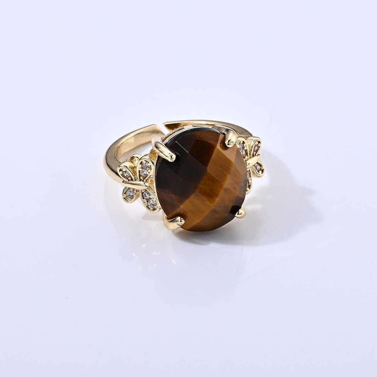 Yellow Tigers Eye and Simulated Diamond 13.01 ctw Ring in Goldtone (Adjustable)