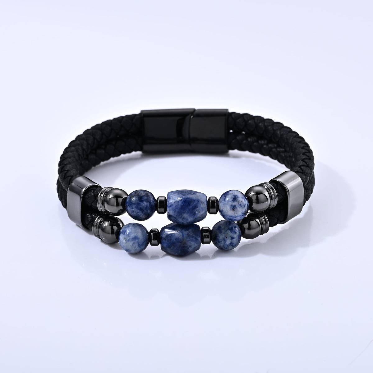Green Aventurine 50.00 ctw Leather Bracelet in ION Plated Black Stainless Steel (8.50 In)