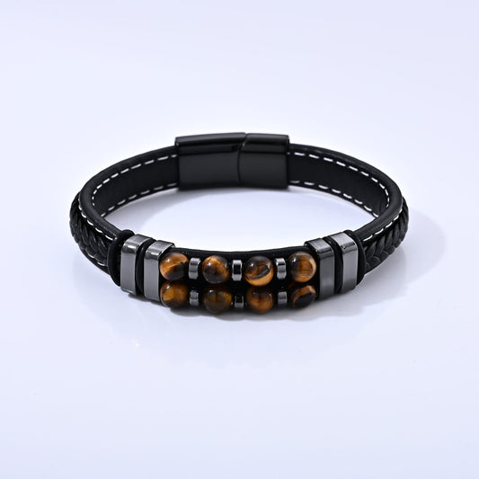 Yellow Tigers Eye 30.00 ctw Leather Beaded Bracelet in ION Plated Black Stainless Steel (8.50 In)
