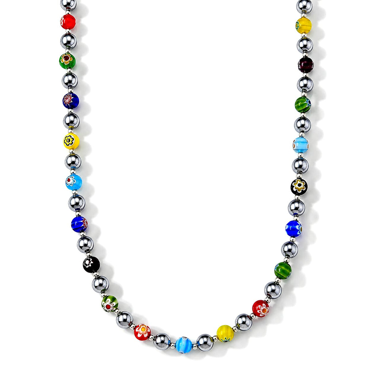 Terahertz and Murano Glass 120.00 ctw Beaded Necklace in Silvertone and Stainless Steel 24-26 Inches