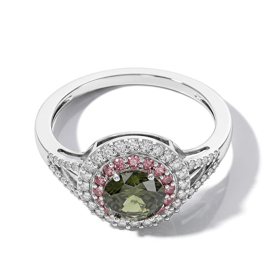 Luxuriant Lab Grown Green, Pink and White Diamond (VS) (IR) Verdant Blush Halo Ring in Rhodium Over Sterling Silver (Size 10.0) 1.50 ctw