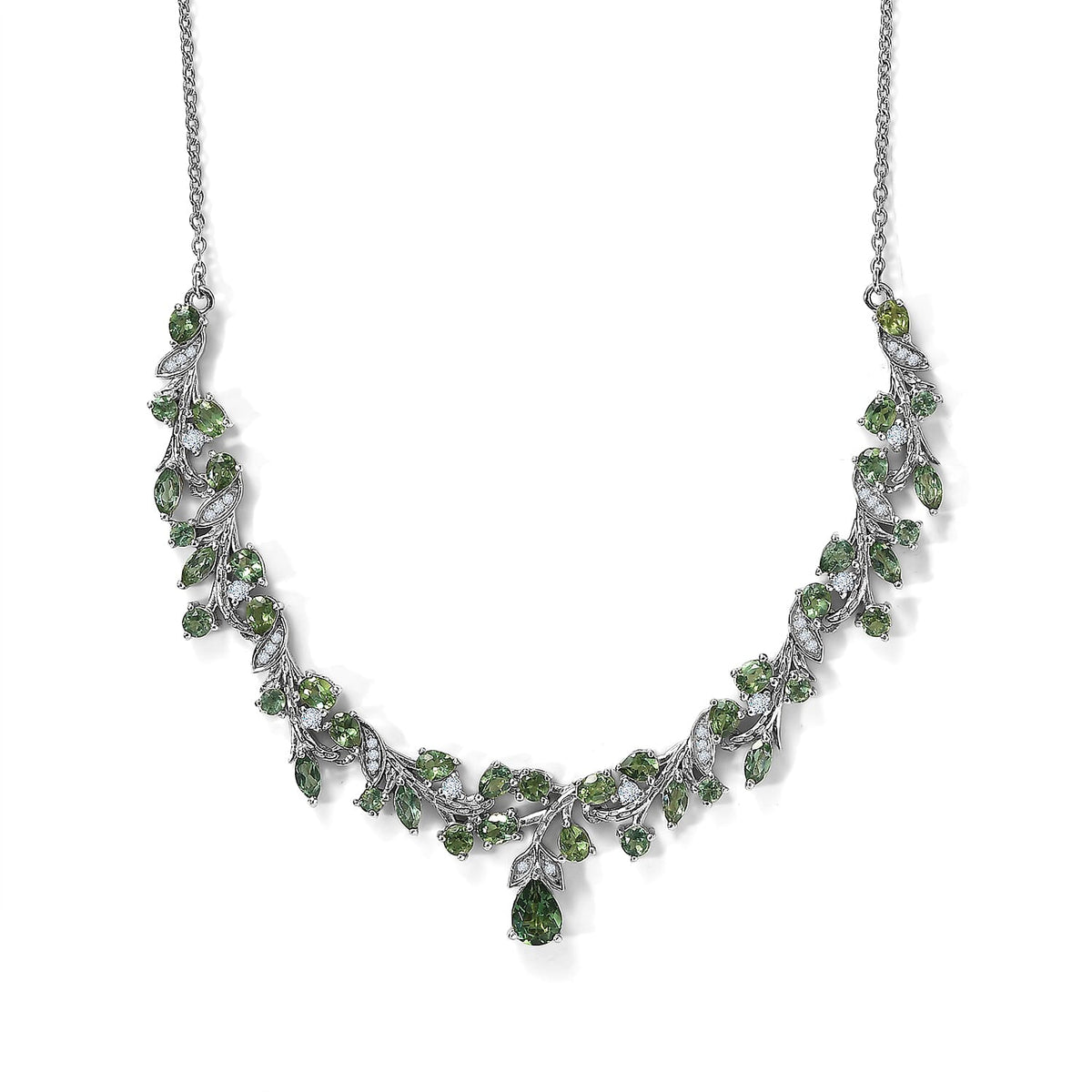 D''Joy Premium Tanzanian Natural Green Apatite, Moissanite Necklace (18 Inches) in Rhodium Over Sterling Silver 7.70 ctw