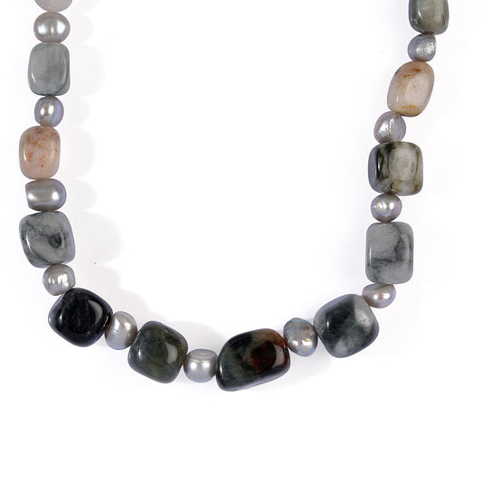 EverTrue Grey Pearl, Picasso Jasper Necklace (18 Inches) in Platinum Bond 180.00 ctw